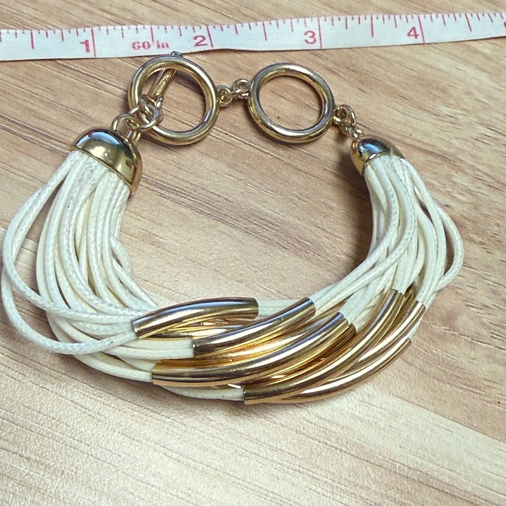 Cream Multi Strand Cord Bracelet Gold Tone Tube Accents Toggle Clasp 7.5 Inch